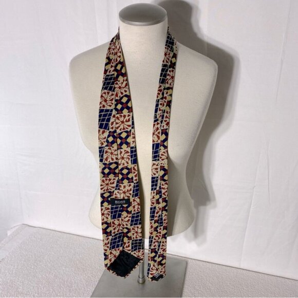 Vintage Boss Hugo Boss Navy Yellow Red Abstract Square Print 100% Silk Tie - Picture 2 of 9
